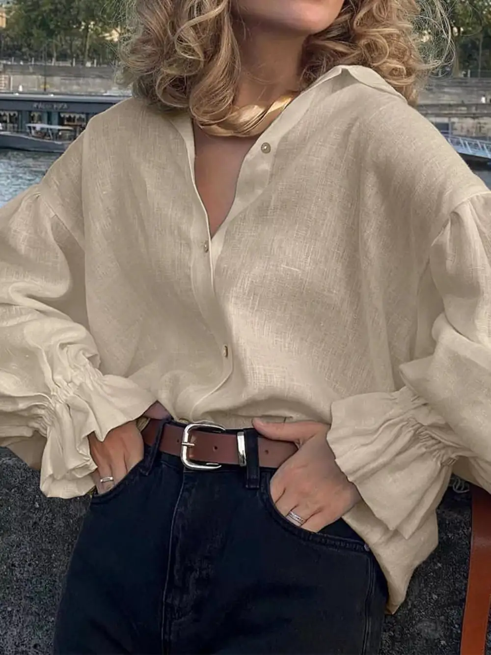 Button Down Flounce Sleeve Shirt