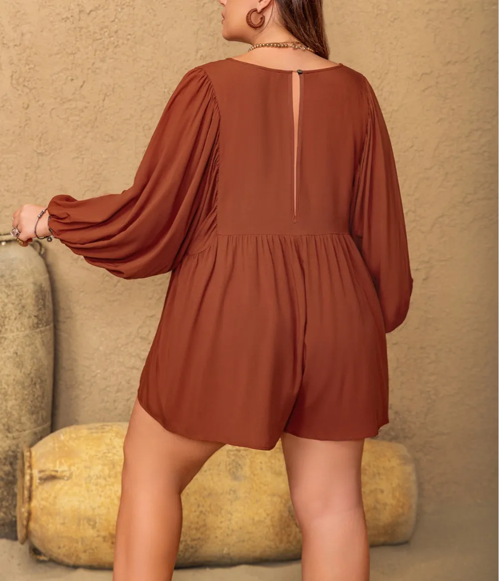 Plus Size Ruched Tie Neck Balloon Sleeve Romper