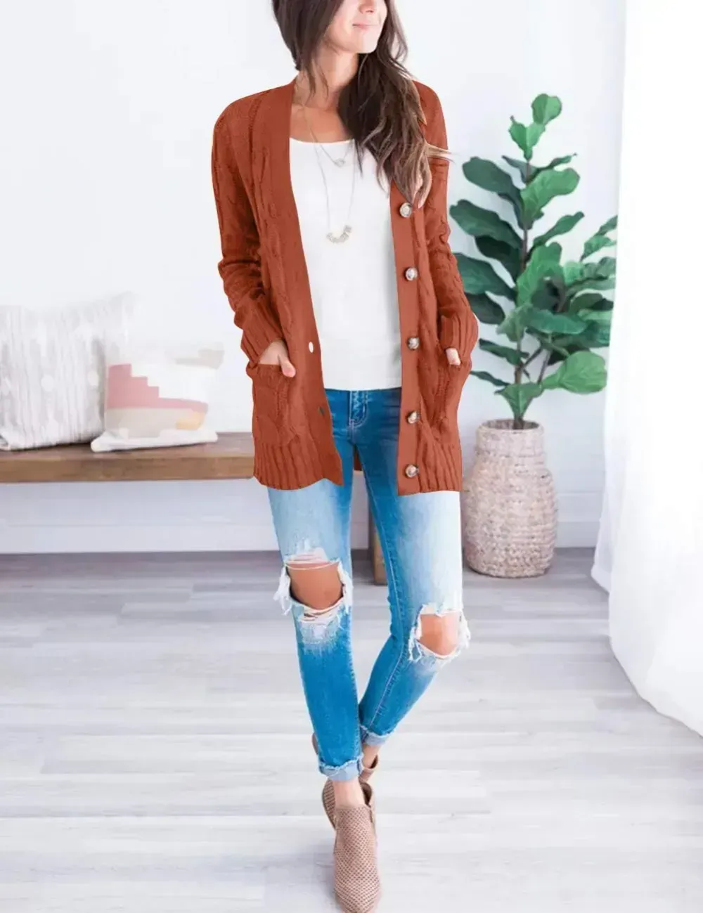 MEROKEETY Women's 2024 Fall Long Sleeve Cable Knit Sweater Open Front Cardigan Button Loose Outerwear