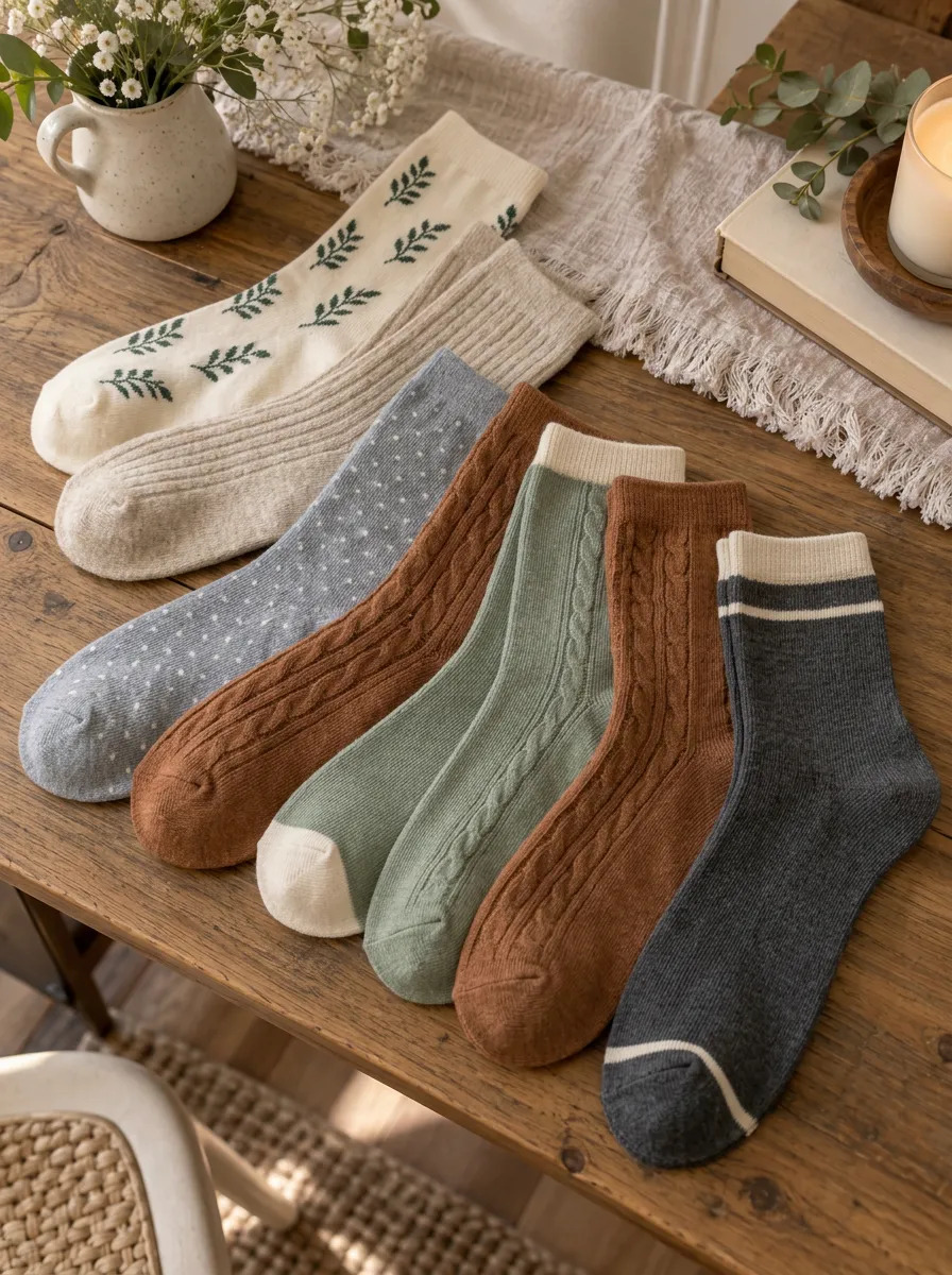 Women's Vintage Aesthetic Leaf Polka Dot Cable Knit Printed Socks Set