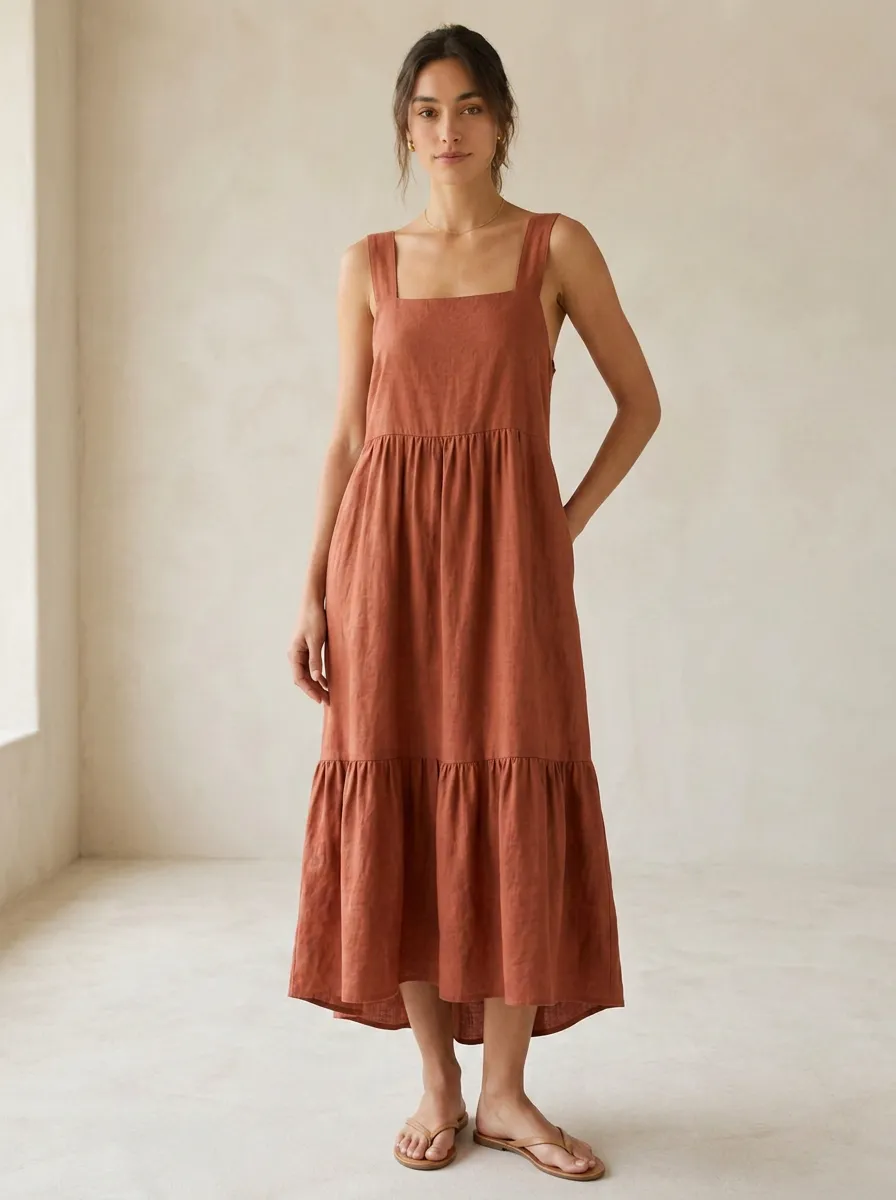 Women's Bohemian Casual Tiered Linen Maxi Backless Dress
