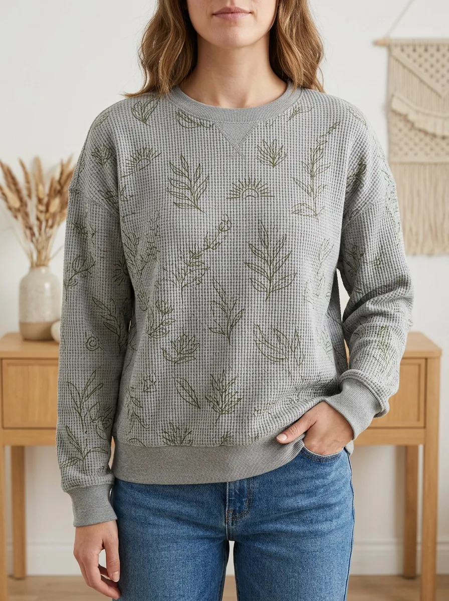 Women's Botanical Sun Line Art Casual Waffle Knit Crewneck Sweatshirt