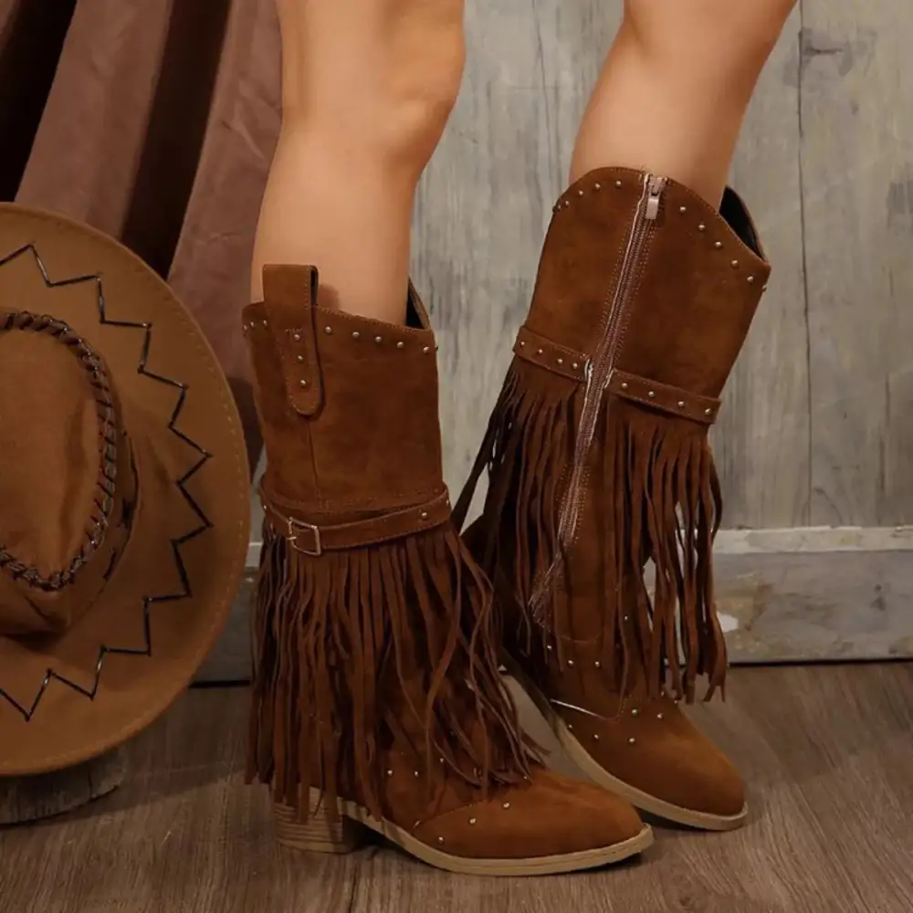 Casual Fringe Point Toe Block Heels Boots