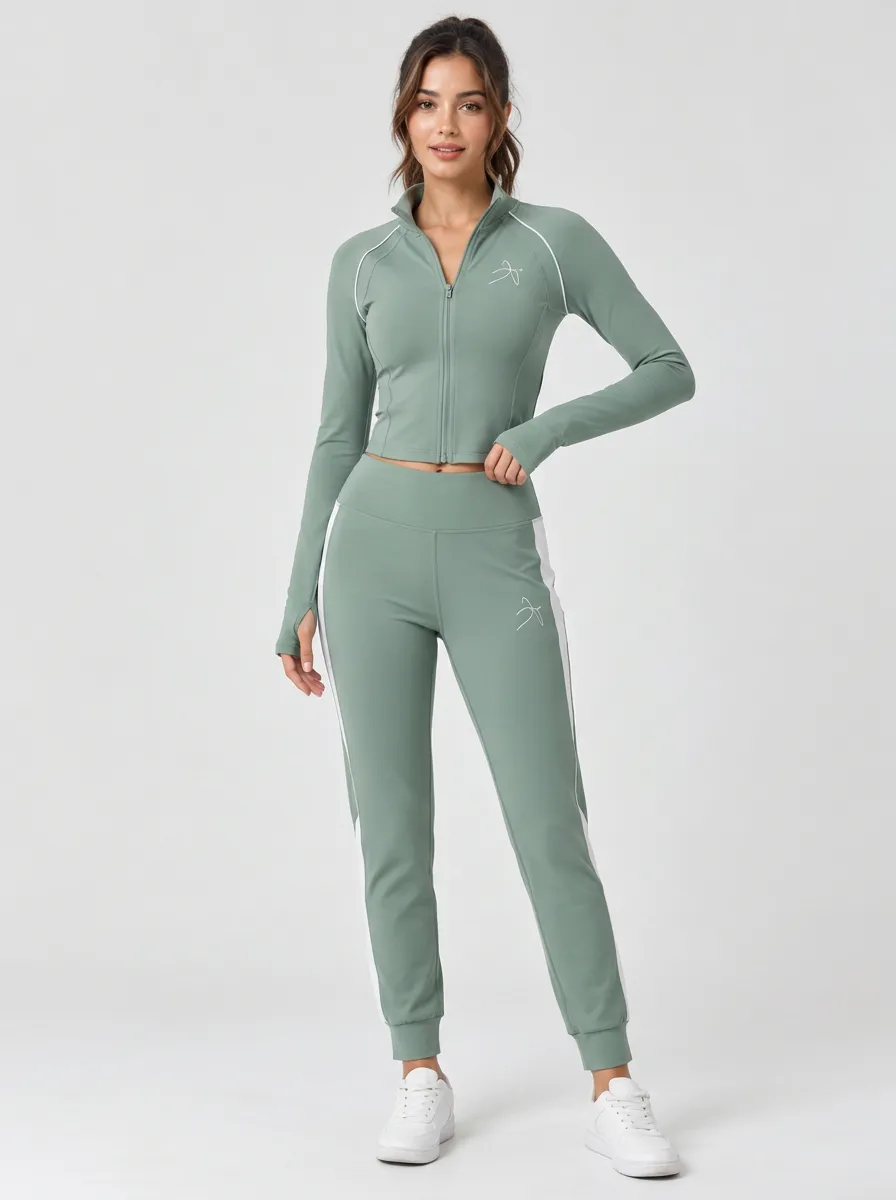 Women's Yoga Fitness Sage Green Side-Striped Tracksuit Set