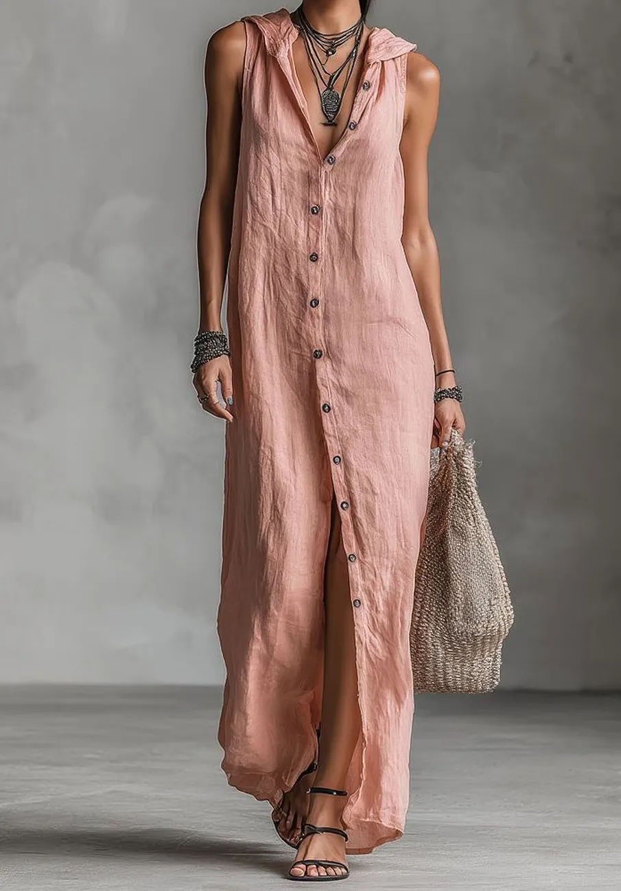 Bohemian Casual Hooded Front Maxi Dress