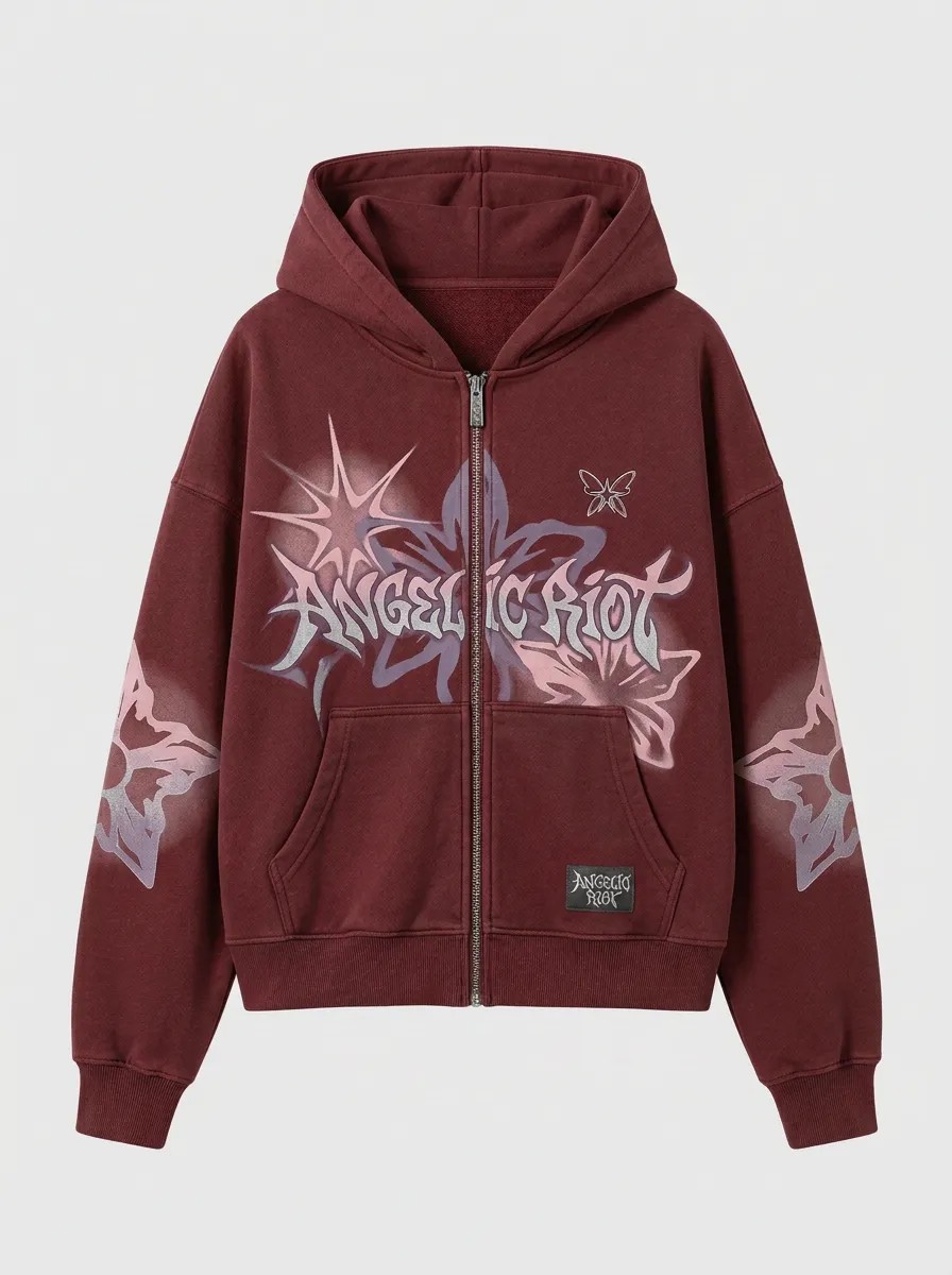 Unisex Streetwear Angelic Riot Star Butterfly Printed Zip Up Hoodie