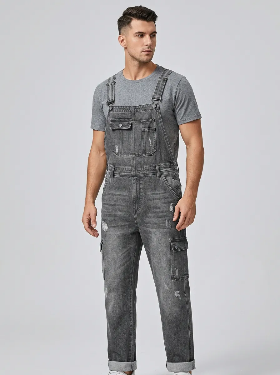 Men's Distressed Streetwear Cargo-Pocket Denim Bib Overalls