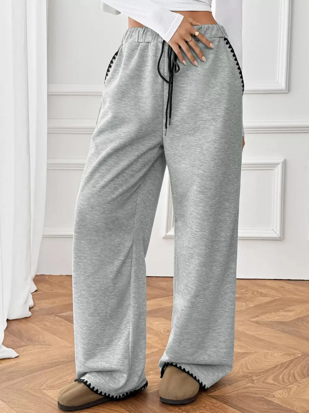 Textured Wide Leg Drawstring Pants