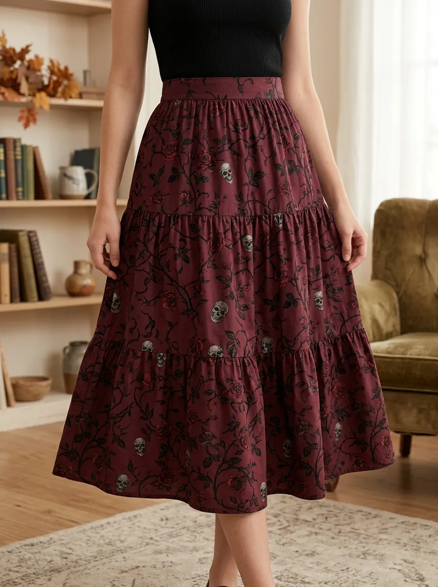 Women's Halloween Gothic Skull Rose High Waist Midi Skirt