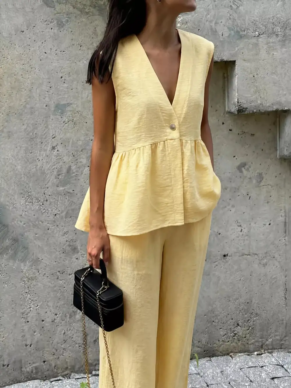 One Button Sleeveless Top and Pants Set