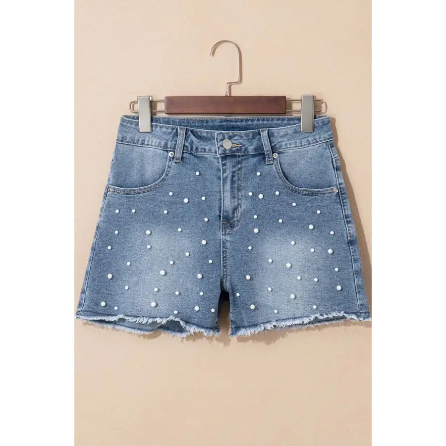 Pearl Beaded Raw Hem Wash Denim Shorts