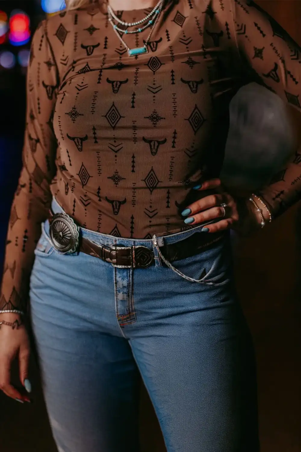 Western Print Mesh Relaxed Long Sleeve Top
