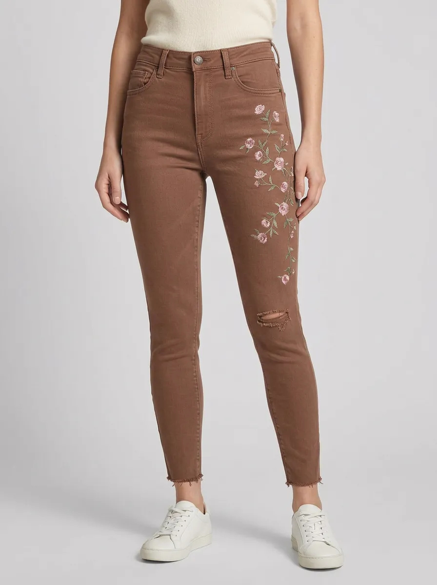 Women's Harbor Floral Embroidered Distressed Graphic Slim Jeans