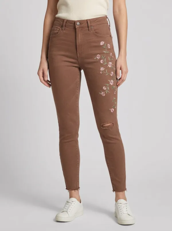 Women's Harbor Floral Embroidered Distressed Graphic Slim Jeans