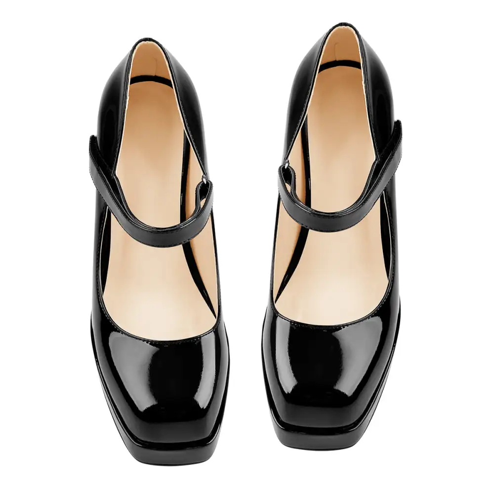 Square Toe Low Platform Chunky Heel Pumps