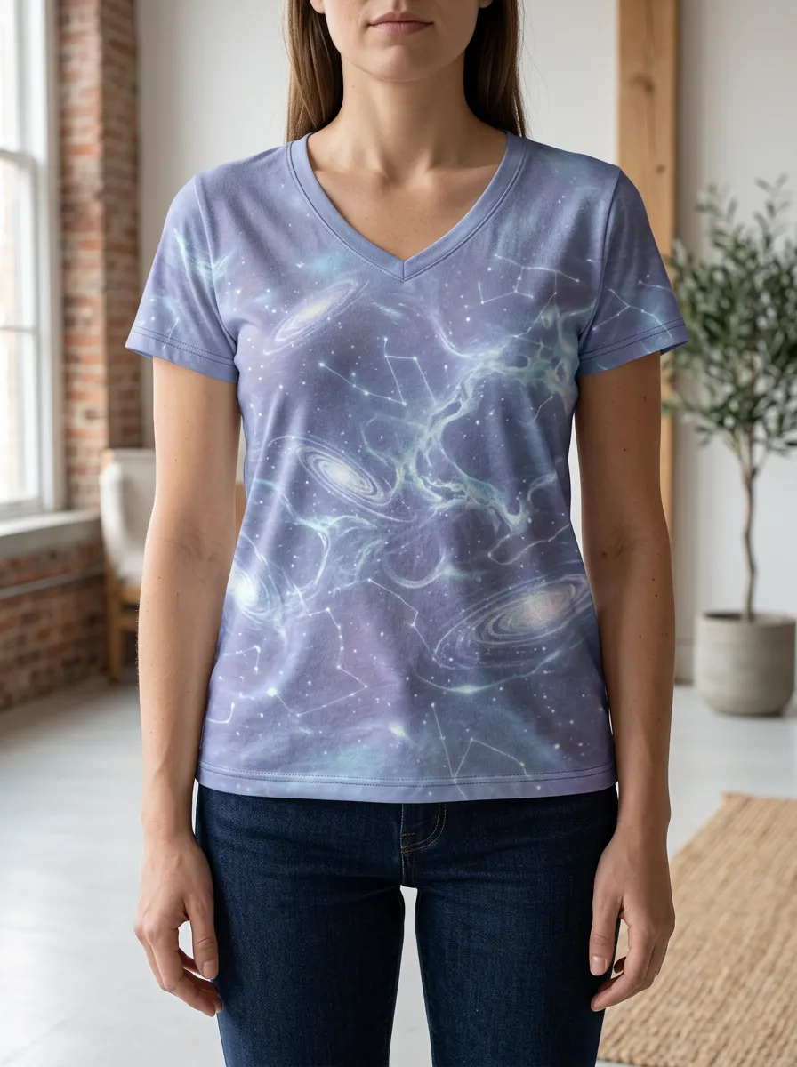 Women's Astronomy Lover Galaxy Constellation Printed V-Neck T-Shirt