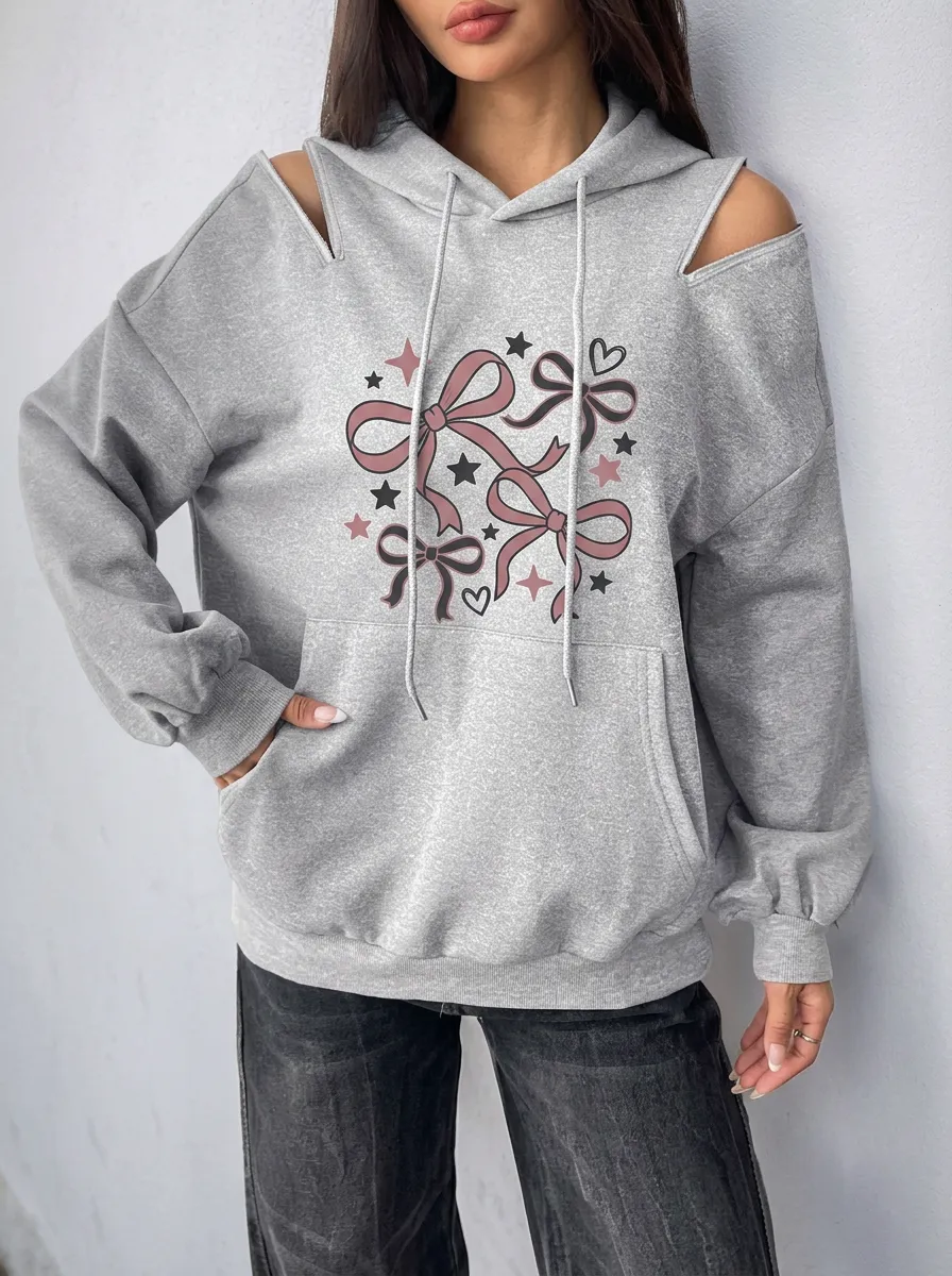 Women's Coquette Bow Star Graphic Cold-Shoulder Hoodie