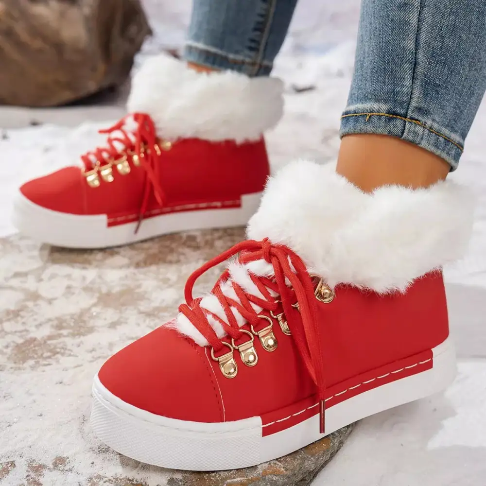 Refined Fuzzy Trim Lace-Up Ankle Boots