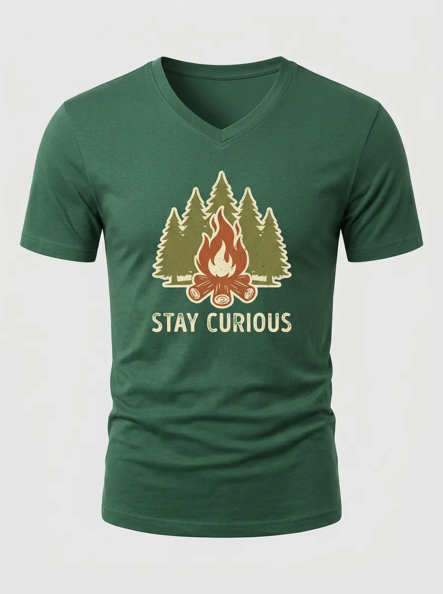 Men's Camping Lover Stay Curious Campfire Pine Tree Printed V-Neck T-Shirt