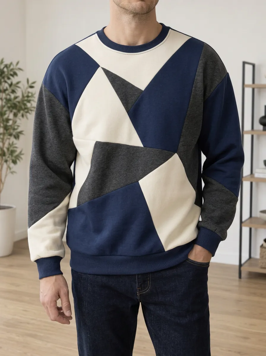 Men's Multi-Color Geometric Panel Crewneck Sweatshirt Textured