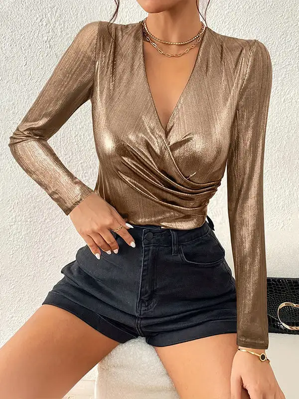Long Sleeve Slim Fit Pleat Detail Shiny Panel Detail V-Neck T-Shirt