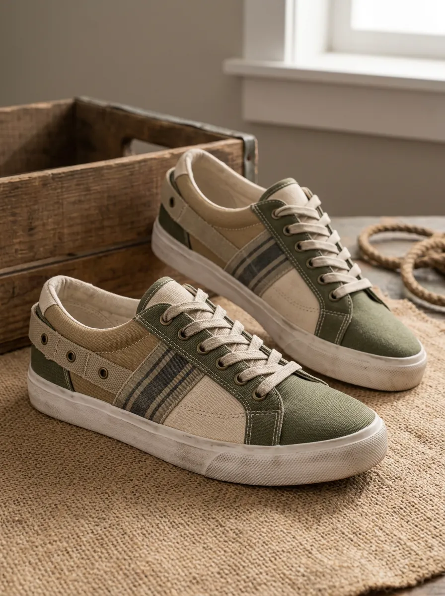 Men's Vintage Striped Olive Green Canvas Sneakers