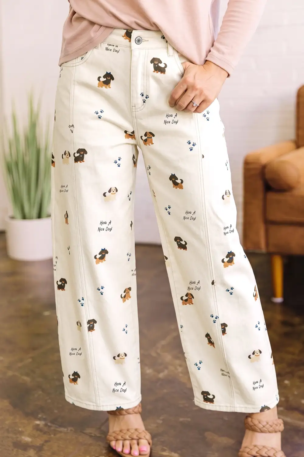 Women's Abstract Dog Print Wide Leg Full Length Jeans