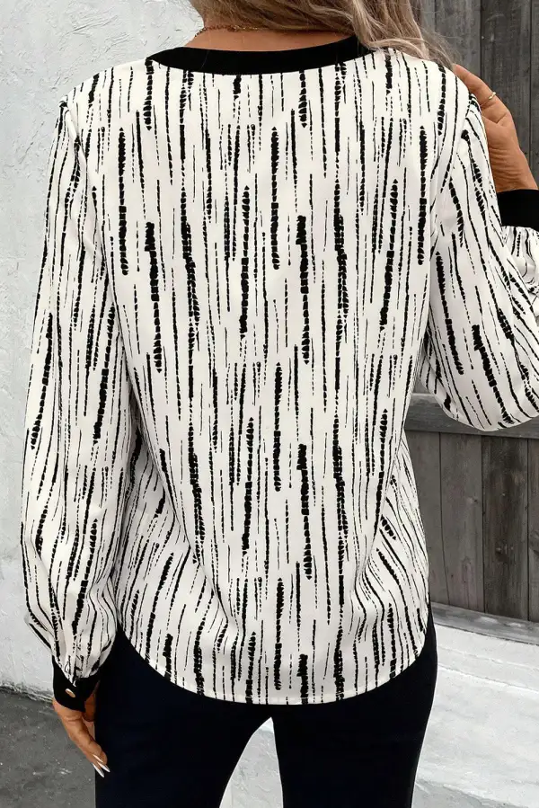 White Abstract Printed V Neck Fall Blouse