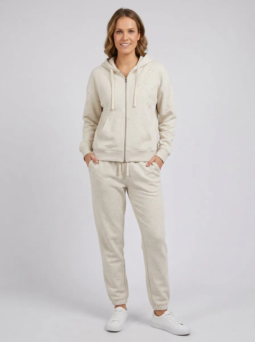 Women's Oatmeal Embroidered Zip-Up Hoodie Jacket & Jogger Set