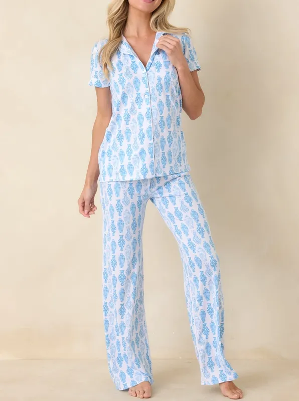 Blue & White Print Pajama Top