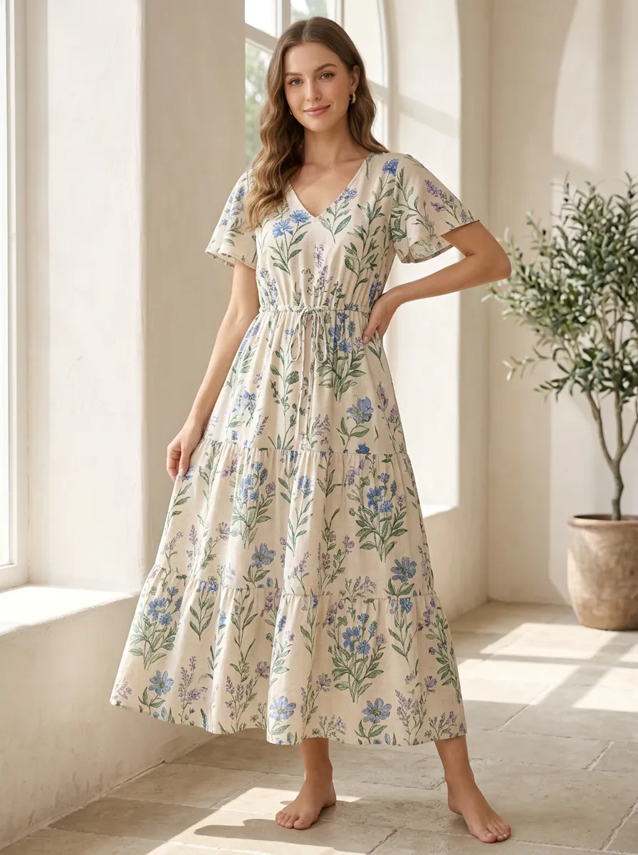 Women's Fluid Botanical Floral Garden Tiered Printed Dress