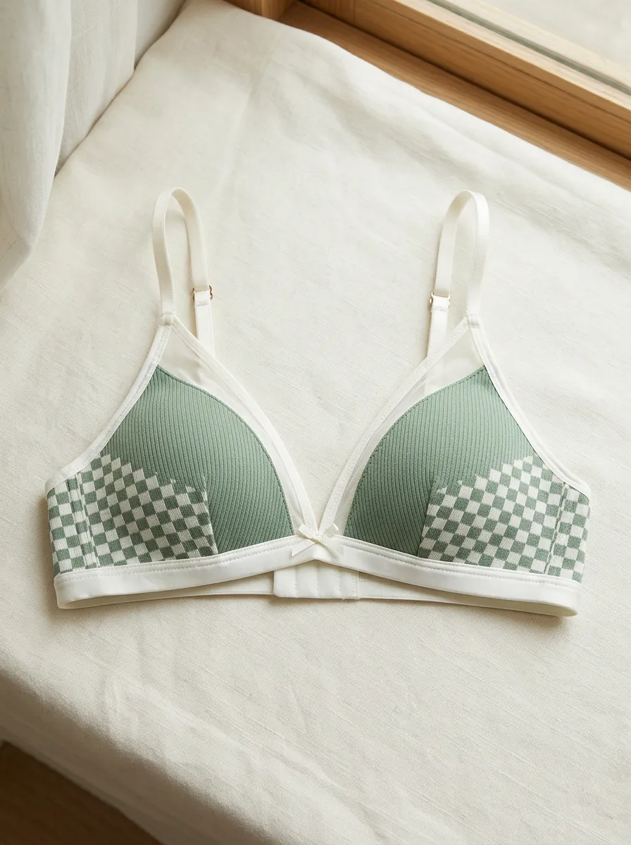 Women's Sage Green Checkered Pattern Ribbed Printed Bralette