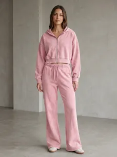 Women's Classic Washed Vintage Inspired Sport Inspired Cropped Hooded Jacket and Flare Pants Active Set