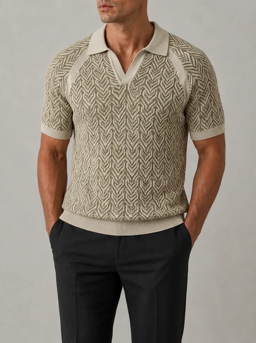 Men's Geometric Pattern Knit Polo Shirt with Raglan Sleeves