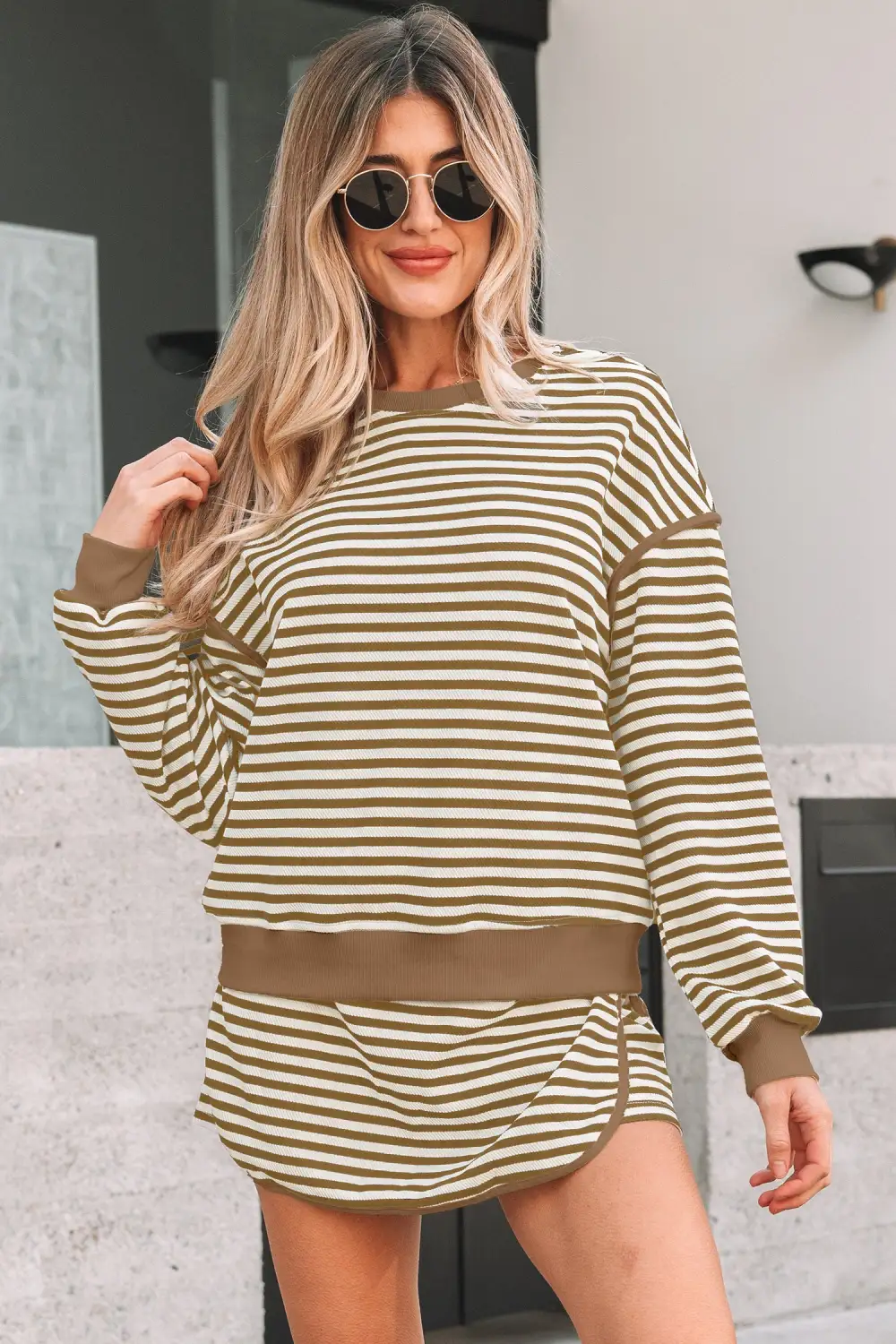 Lightweight Feel Striped Drawstring Drop Shoulder Skirt Set