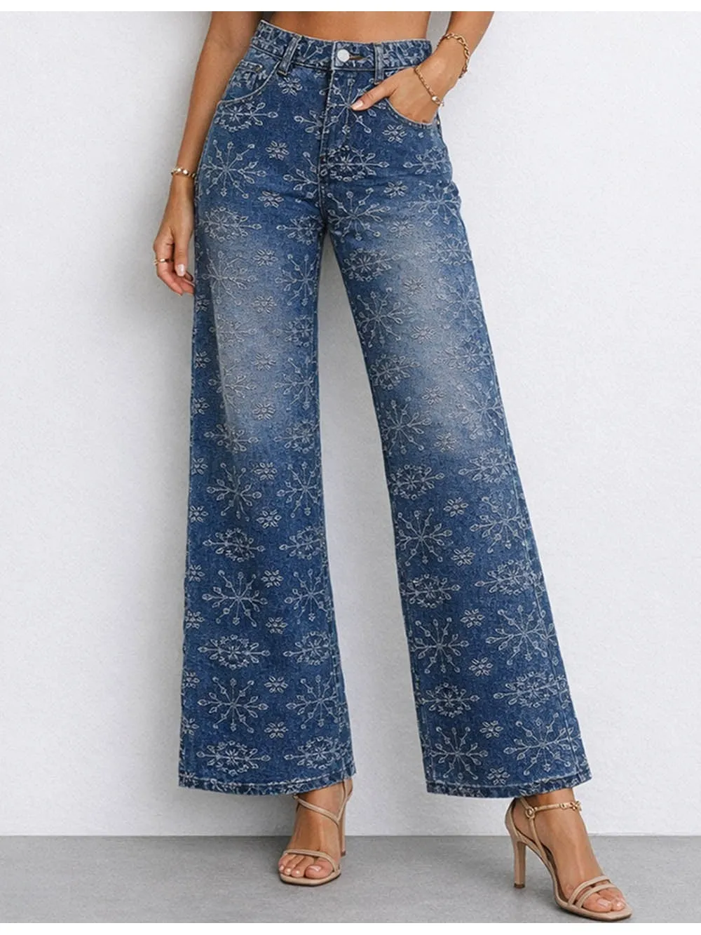 Geometric Jacquard Button Front Wide Leg Denim Pants