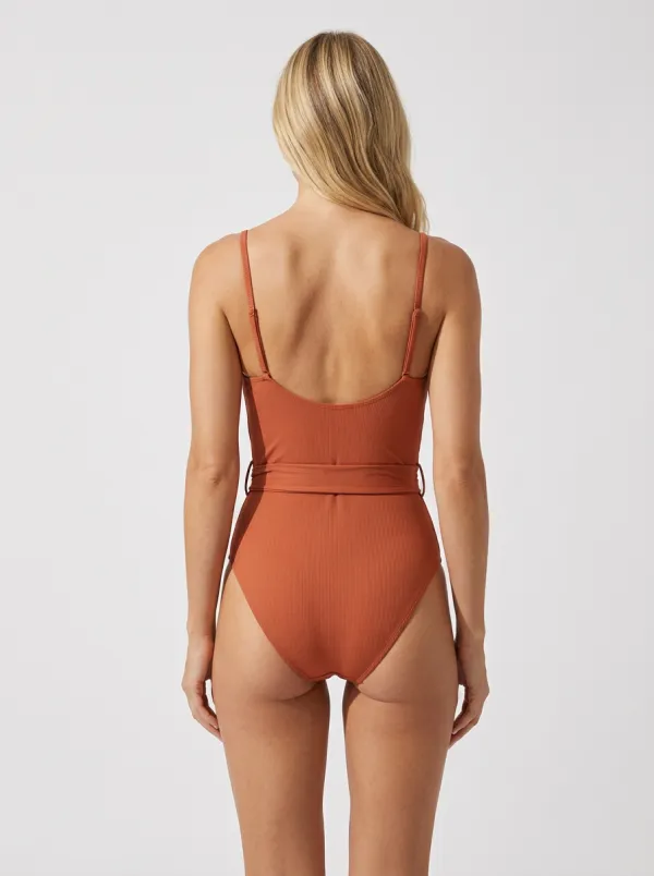 Women's Twist-Front Twist Belted Ribbed One-Piece Swimsuit