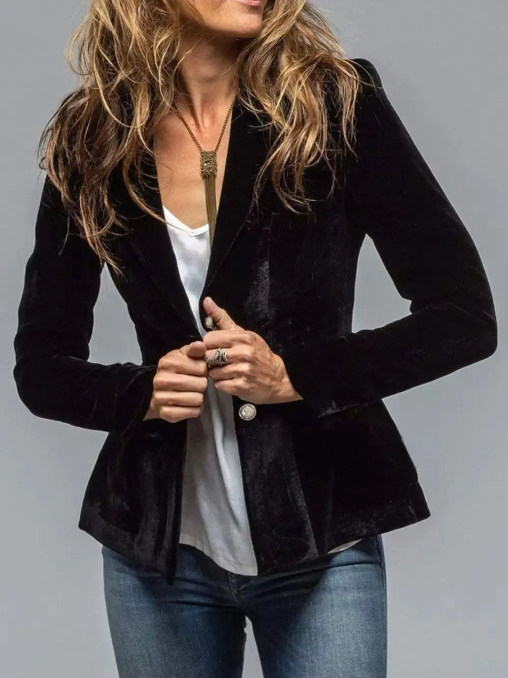 Button-Up Lapel-Collar Velvet Blazer