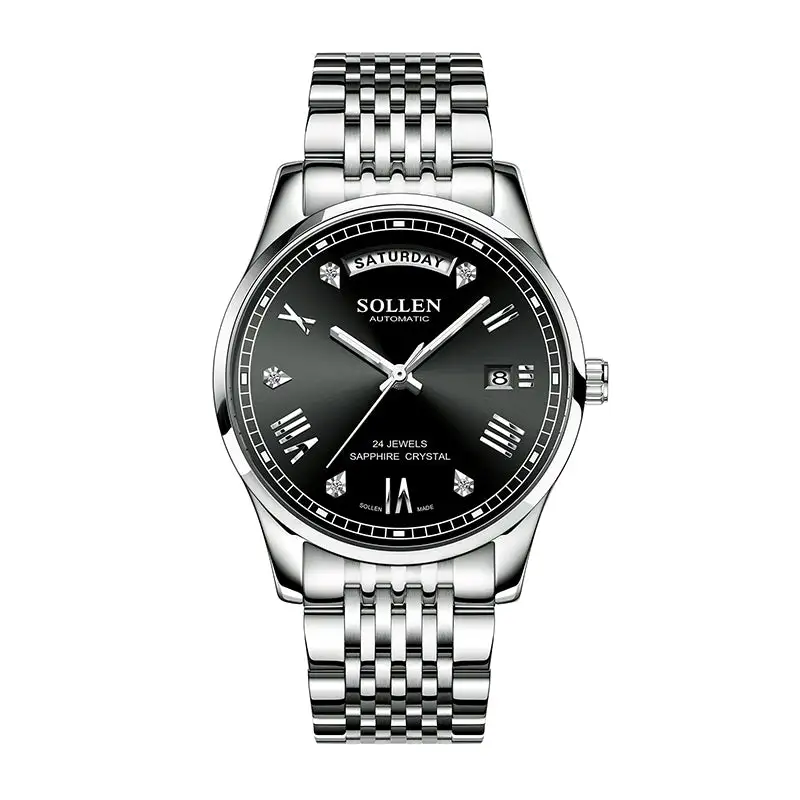 Sollen 9016 Automatic Watch - Men's Full Day Date Sunray Dial 9-Bead Stainless Steel Bracelet Wristwatch