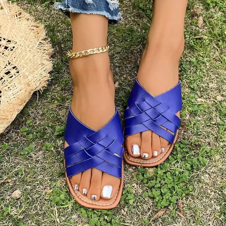 Woven Cross-Strap Flat Sandals