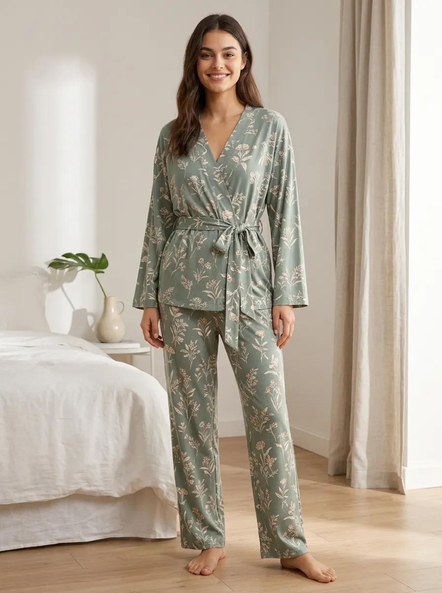 Women's Botanical Floral Tie-Waist Loungewear Set