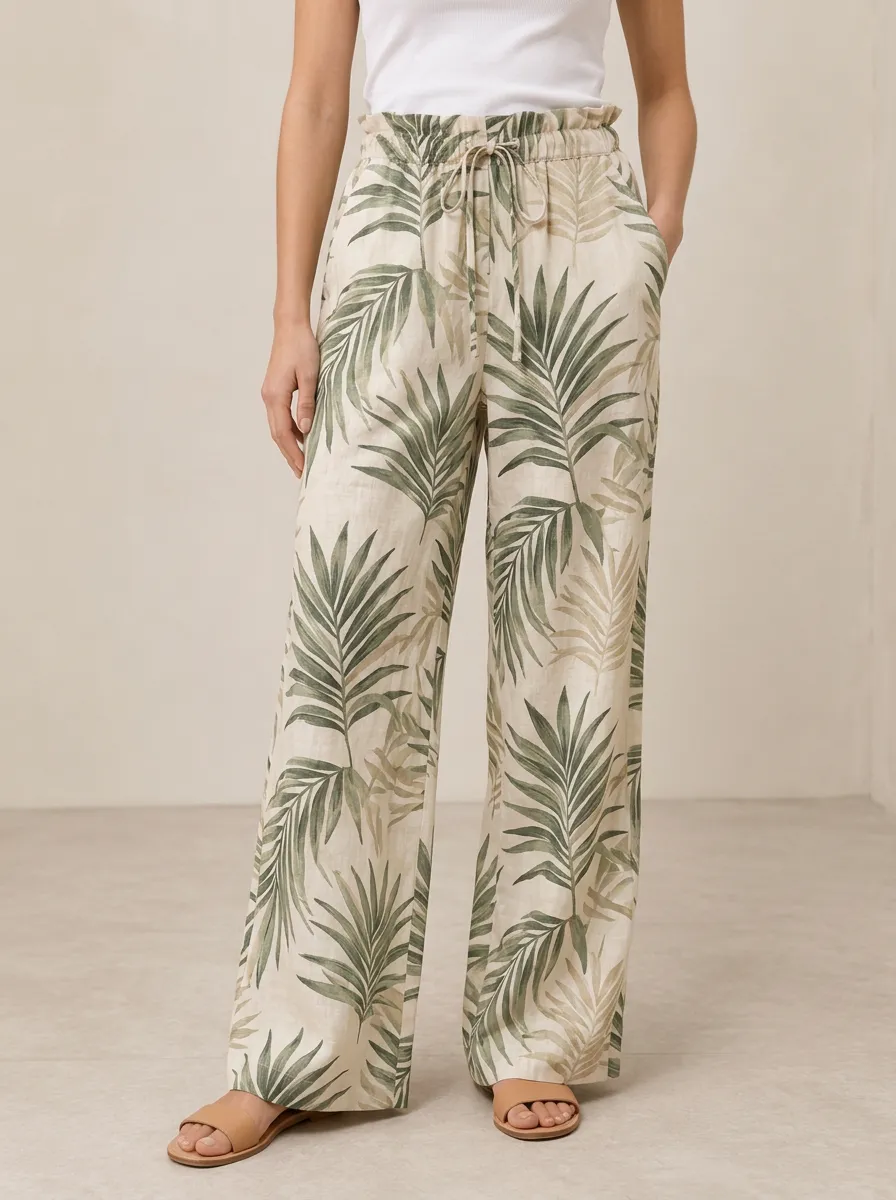 Women's Soft Pattern Palm Leaf Printed Wide Leg Pants