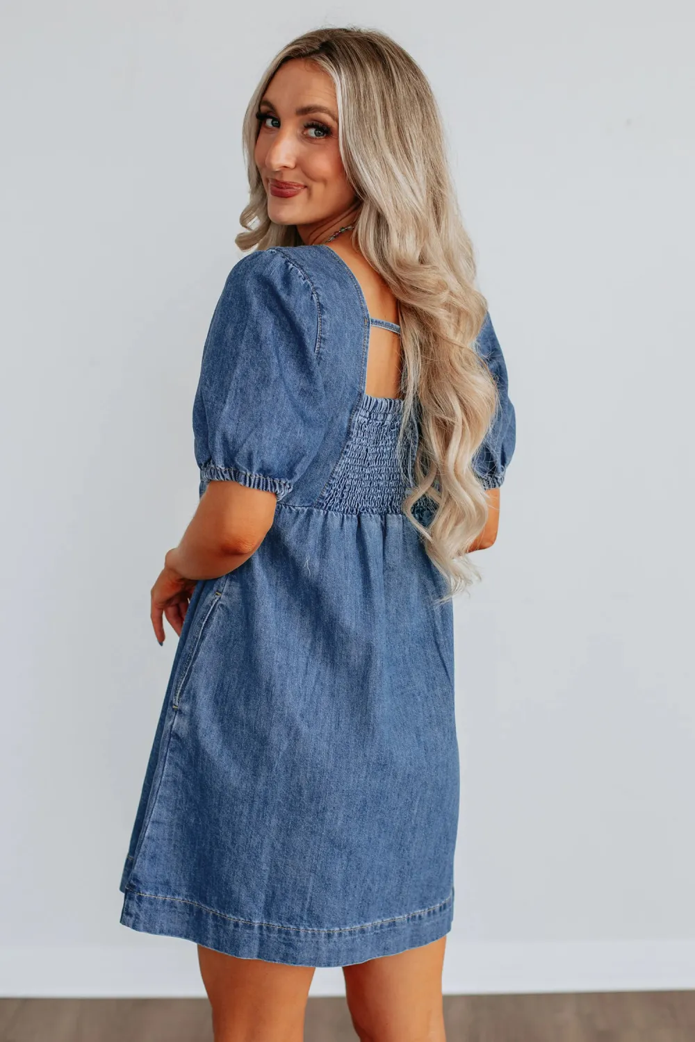 Deep Blue Square Neck Denim Dress