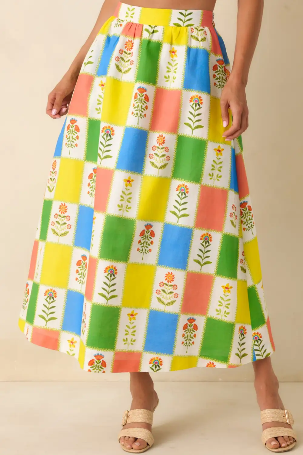 Maddie Multi Floral Patchwork Linen Blend Maxi Skirt