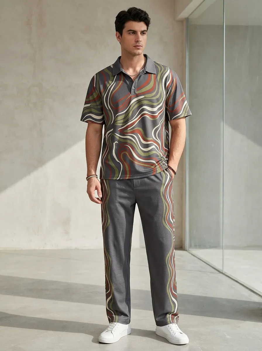 Men's Abstract Wavy Pattern Printed Polo Shirt and Pants Set