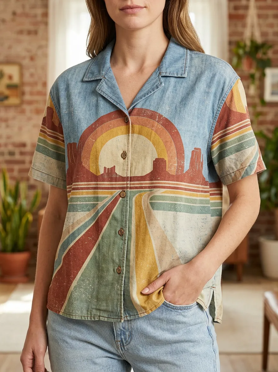 Women's Forest Retro Desert Landscape Sunset Shirt