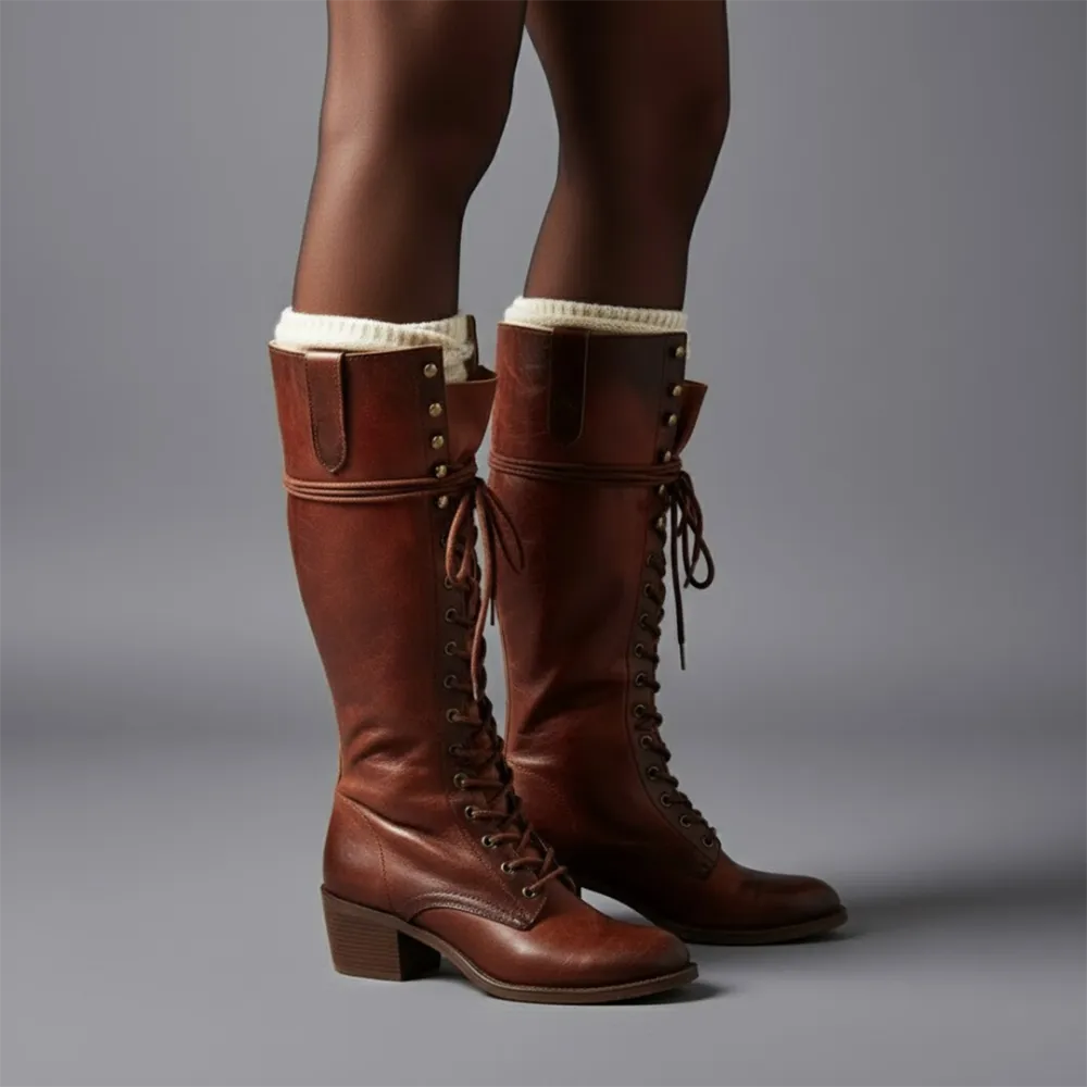 Lace Up Knee Tall Boots Block Heel Modern Tall Combat Boots