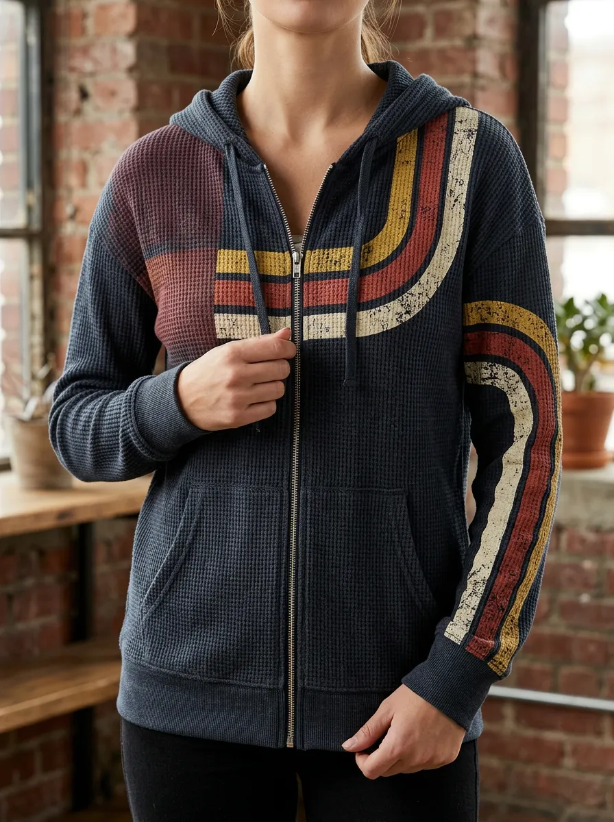 Women's Retro Rainbow Striped Waffle Knit Printed Zip Hoodie