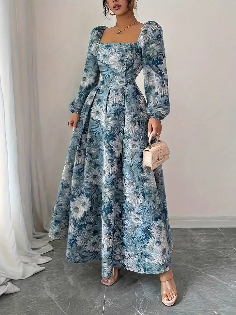Square Pleated Neck Maxi Dress