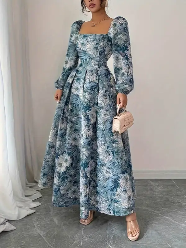 Square Pleated Neck Maxi Dress